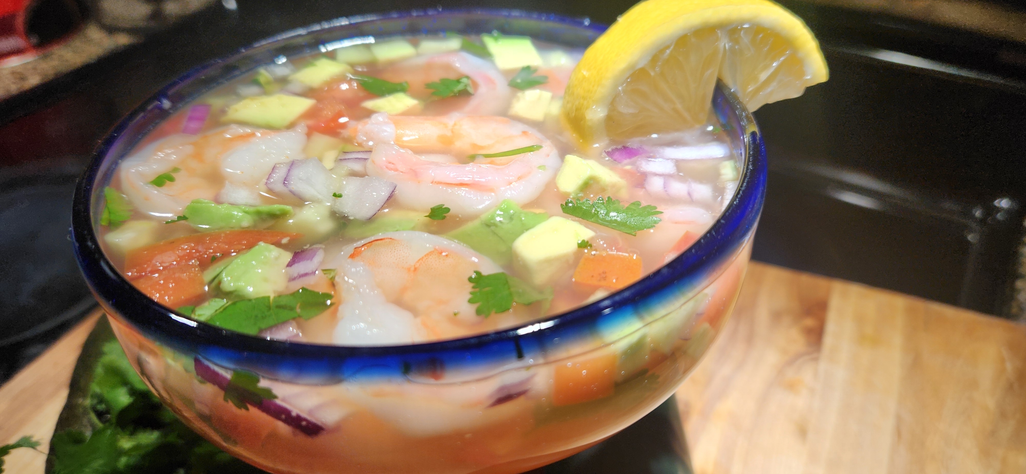 Shrimp cocktail with avocado and lemon