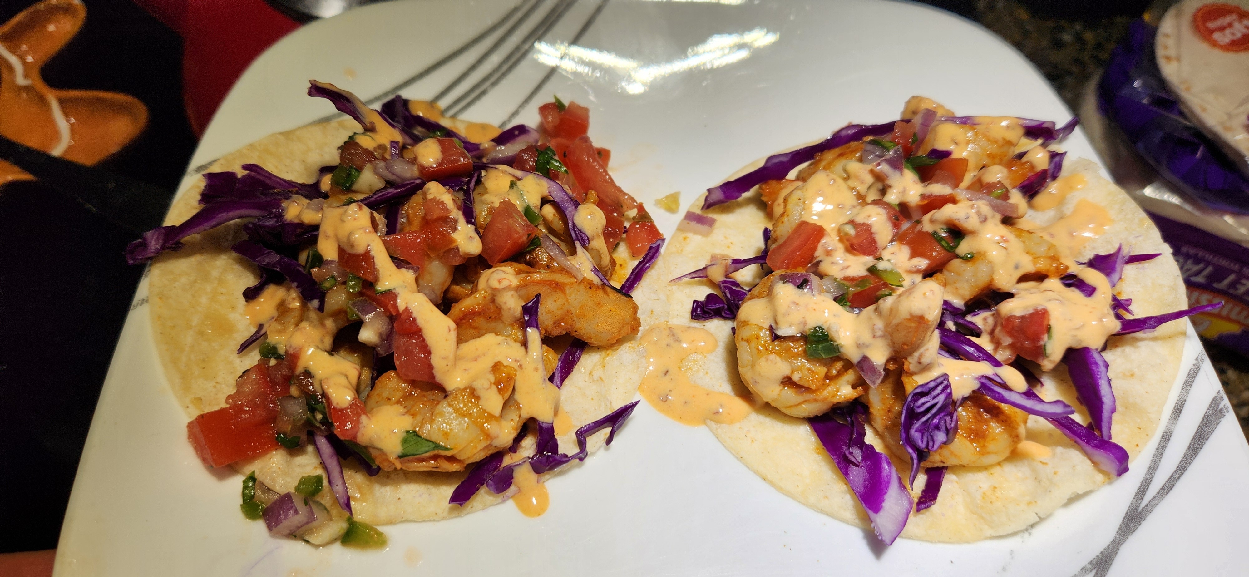 Shrimp tacos with cabbage and salsa