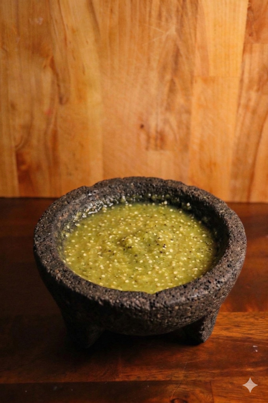 Salsa verde served in a volcanic stone molcajete